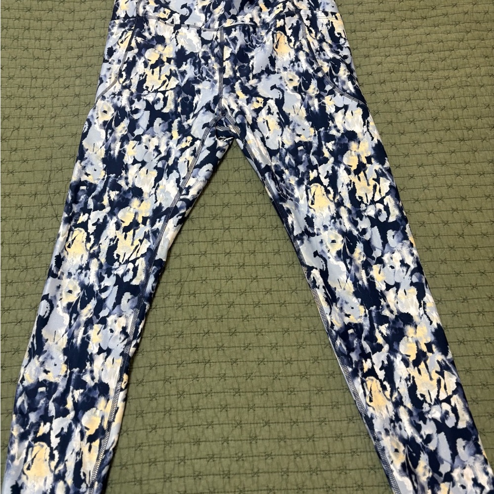 Freely Abstract Floral Print Leggings - Blue, White & Yellow size L